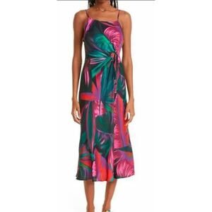 Farm Rio Midnight Leaves Tank Midi Dress Green Pink Tropical Cut Out Tie Waist M